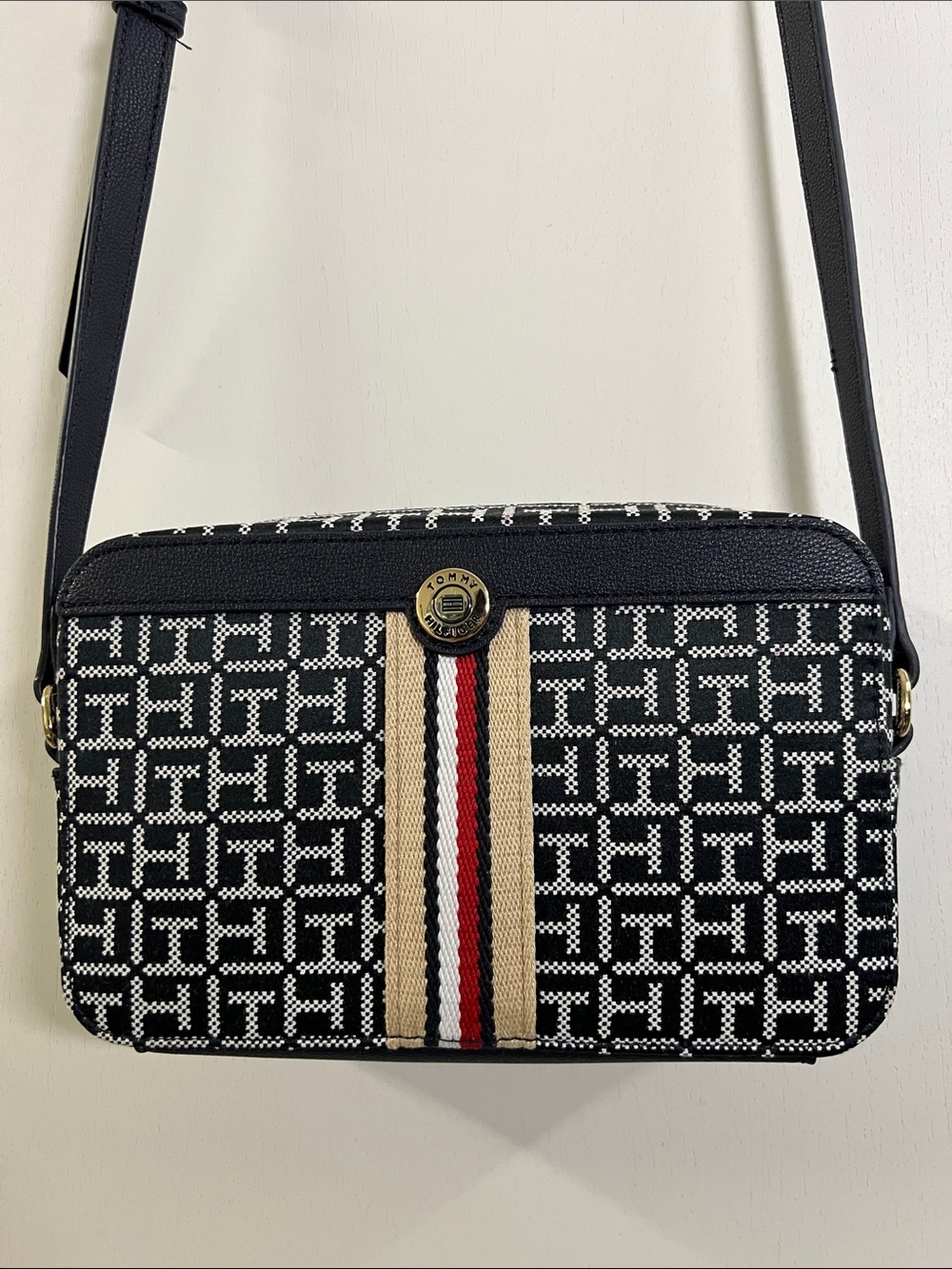 Tommy Hilfiger Blue Jacquard Crossbody with Red, White & Beige Stripe (NWOT)